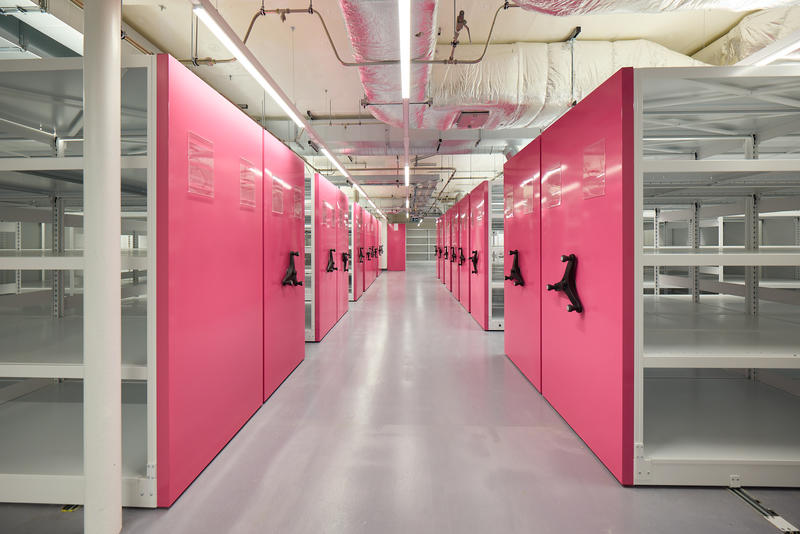 Empty storage racks in the Collections Teaching and Research Centre