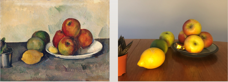 Cezanne's apples painting side-by-side with a bowl of apples and lemons