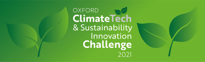 Banner to promote the climate tech sustainability innovation challenge 2021 - green with images of leaves