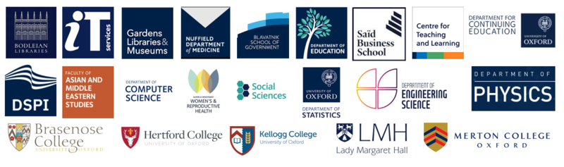 Colleges and departments trained by the cyber security competency centre An image showing logos for Bodleian Libraries, IT Services, Gardens, Libraries and Museums, Nuffield Department of Medicine, Department of Education, Said Business School, Centre for Teaching and Learning, Department of Continuing Education, Department of