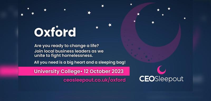 CEO sleep out graphic with a moon and stars on a navy background