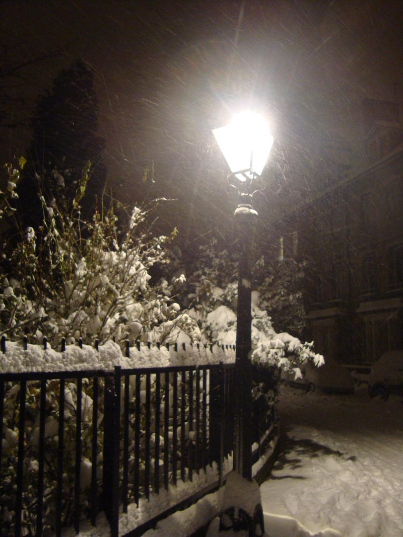 a streetlamp at night, in the snow