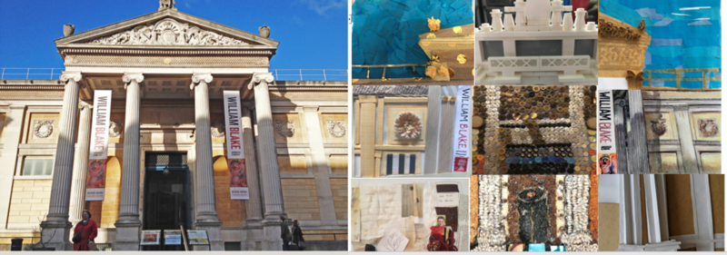 Photograph of the Ashmolean Museum beside a collage created with mixed media
