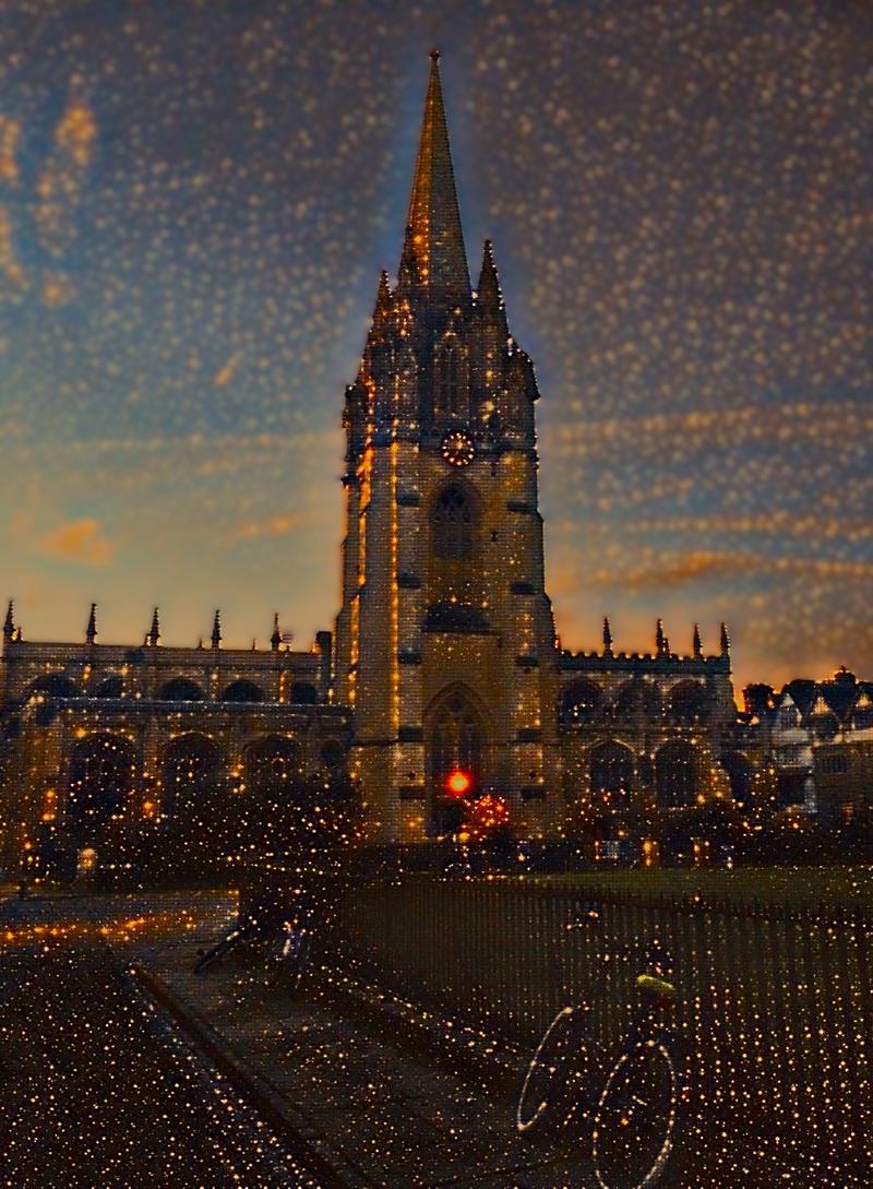 A edited photo of the University Church in Oxford showing the church reflected in golden tones