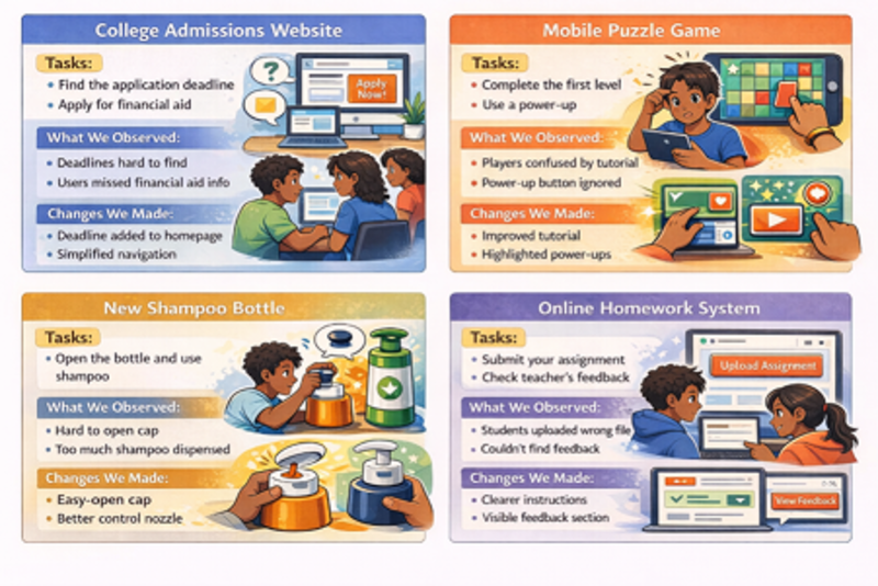 A  four section infographic presents user experience improvements for a college admissions website, mobile puzzle game, new shampoo bottle, and online homework system.