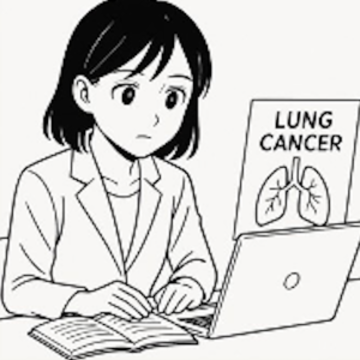 Manga cartoon of a student studying lung cancer on a laptop