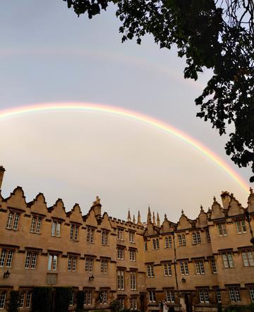 A double rainbow over an Oriel College building
