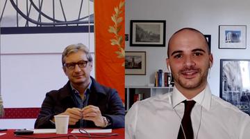Dr Giacomo Giorni and Mayor of Rimini, Andrea Gnassi, on a video call 