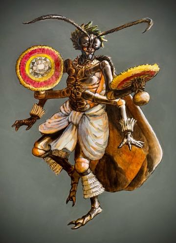 Painting by Hawaiian artist Solomon Enos A painting of an insect-like human dancing in Hawaiian dress