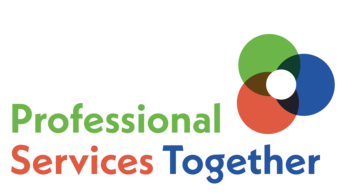 Professional Services Together logo depicting a flower space with one green, one blue and one orange petal