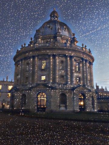 A graphic of Radcliffe camera with Christmas lights/sparkles all around
